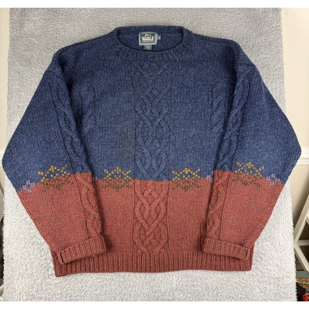 Vintage Woolrich Hand Knit Wool Sweater XL Blue Red Colorblock Cable Knit